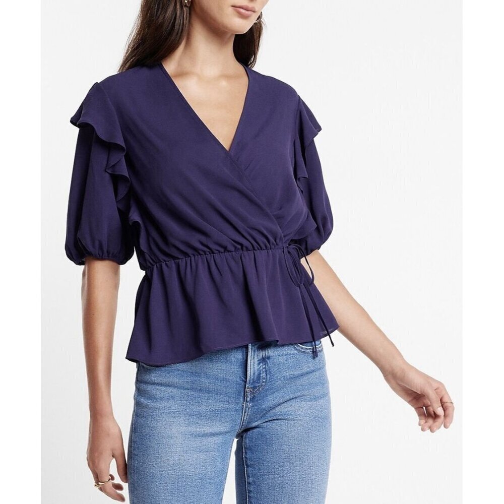 Express Women's Faux Wrap Puff Sleeve Peplum Top V-Neck Olympian Size XS NWT $54